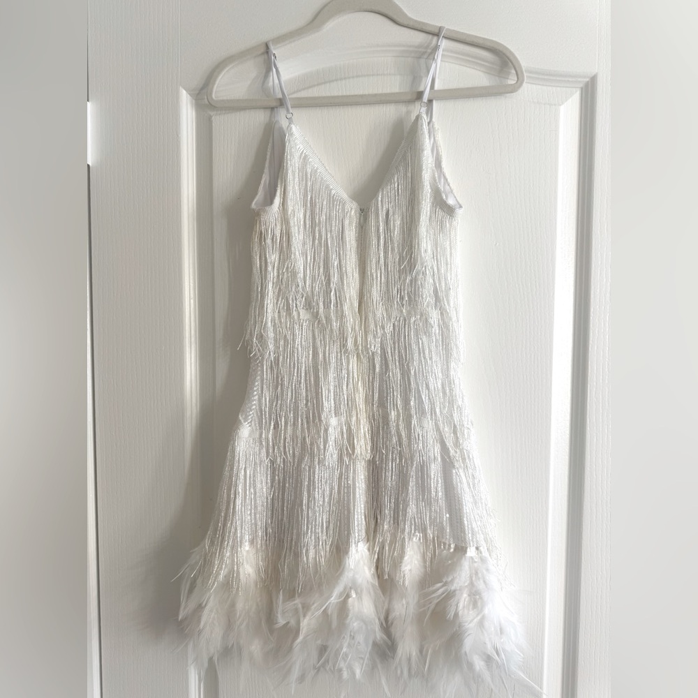 White Flapper Fringe Sequin Feather Dress For Bachelorette